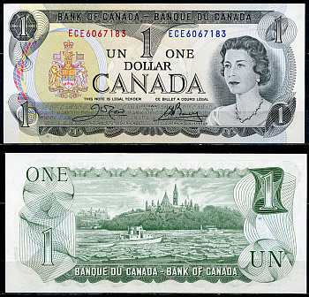 Канада 1 доллар 1973 Елизавета II (1952- ), здание парламента на реке Оттава, Crow-Bouey Pick 85 c  бумага  UNC (пресс) 447-66-3