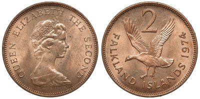 Фолклендские острова 2 пенса 1974 Елизавета II (1952-2022), магелланов гусь KM 3 бронза aUNC 4118-126