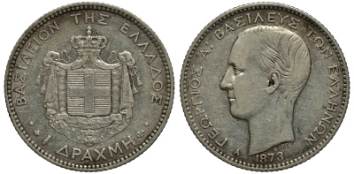 Греция 1 драхма 1873 А, Георг I (1863-1913) KM 38 серебро    1530-721