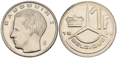 Бельгия 1 франк 1990 Belgique KM 170 железо плакированное никелем UNC 192-469