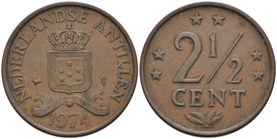 Нидерландские Антилы 2 1/2 цента 1974 Юлиана (1948-1980) KM 9 бронза 4595-422
