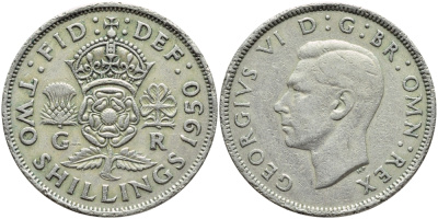 Великобритания 2 шиллинга (флорин) 1950 Георг VI (1936-1952) KM 878, Spink 4107 медно-никель 4394-1045