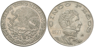 Мексика 5 песо 1977 Mo, Винсенте Герреро KM 472 медно-никель 4403-132