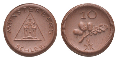 Мюнстерберг 10 пфеннигов ND (1921) Men05 18133.3, Men18 22686.3, Scheuch 193a фарфор 1094-9-15