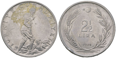 Турция 2 1/2 лиры 1975 KM 893.2 нержавеющая сталь 4149-945