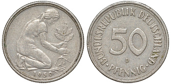 ФРГ 50 пфеннигов 1950 D KM 109, J. 384 медно-никель 4132-634