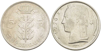 БЕЛЬГИЯ 5 ФРАНКОВ 1976 BELGIQUE, БОДУЭН I (1951-1993) KM 134.1 медно-никель 213-621