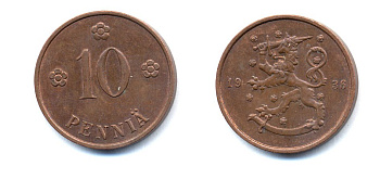 Финляндия 10 пенни 1936 республика (1918-1962) KM 24 медь 51-5536