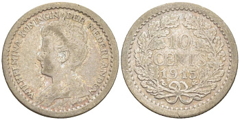 Нидерланды 10 центов 1915 Вильгельмина I (1890-1948) KM 145 серебро 4532-1158