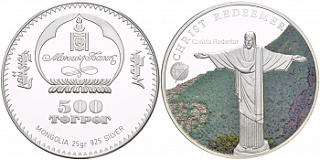 Монголия 500 тугриков 2008 7 чудес света, Рио-де-Жанейро, статуя Иисуса Христа, эмаль серебро PROOF 1088-3-62