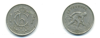 ЛЮКСЕМБУРГ 1 ФРАНК 1953 СТАЛЕВАР KM 46.2 медно-никель 80-454