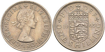 Великобритания 1 шиллинг 1965 Елизавета II (1952-2022), Английский герб KM 904, Spink 4147 медно-никель 4153-924