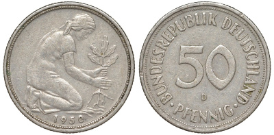 ФРГ 50 пфеннигов 1950 D KM 109, J. 384 медно-никель 4132-634