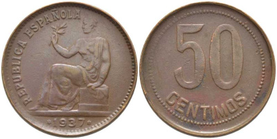ИСПАНИЯ 50 СЕНТИМО 1937 (34) РЕСПУБЛИКА (1931-1939) KM 754.1 медь 113-1014