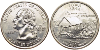 США 25 центов = квотер 2004 D, серия штаты США, Айова KM 358 медь плакированная медно-никелем UNC M50-06