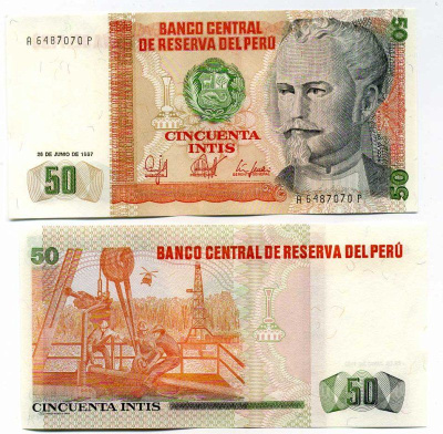 Перу 50 инти 1987 Николас де Пьерола, президент Pick 131 b бумага UNC (пресс) 447-74-3-2