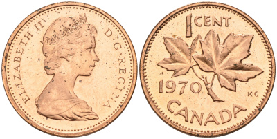 Канада 1 цент 1970 Елизавета II (1952-2022), кленовый лист KM 59.1 бронза    4147-253