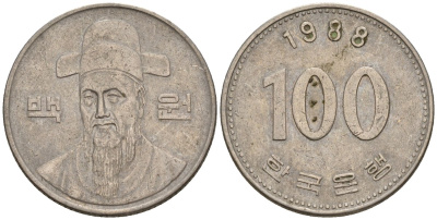 Южная Корея 100 вон 1988 Ли-Сунсин, корейский флотоводец KM 35.2 медно-никель 4146-952