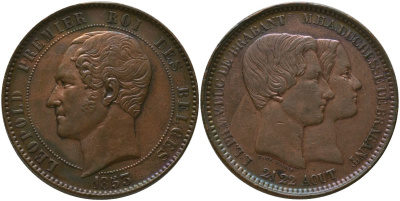 Бельгия 10 сантимов 1853 Свадьба Леопольда и Марии Генриетте, Леопольд I (1831-1865), большая дата X M1.1, Morin 3a медь 4557-1136