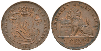 Бельгия 1 сантим 1894 Belgen, Леопольд II (1865-1909) KM 34.1 медь aUNC 4621-642
