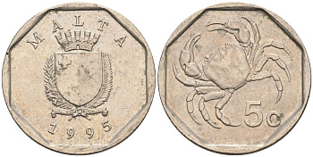 Мальта 5 центов 1993 краб KM 95 медно-никель 4588-132