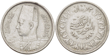 Египет 2 пиастра 1937 АН1356, Фарук (1936-1952) KM 365 серебро 66-856