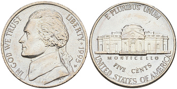 США 5 ЦЕНТОВ 1995 D, ДЖЕФФЕРСОН KM A192 медно-никель 190-141