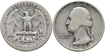 США 25 центов = квотер 1934 Вашингтон KM 164 серебро 86-1124