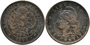 Аргентина 2 сентаво 1892 голова свободы влево KM 8 бронза 4531-1124