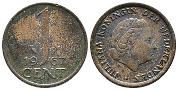 НИДЕРЛАНДЫ 1 ЦЕНТ 1967 ЮЛИАНА KM 180 бронза 83-968