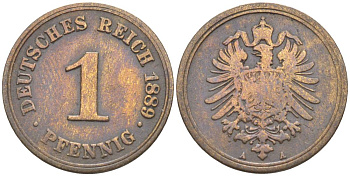 ГЕРМАНИЯ 1 ПФЕННИГ 1889 А, СТАРОГЕРБОВКА KM 1, Jager. 1, Weege 1 медь 4528-1113