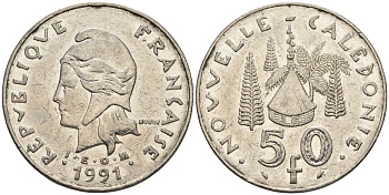 Французская Новая Каледония 50 франков 1991 хижина среди сосен и пальм, (IEOM) KM 13, Schoen 15, Lec 121 никель 4120-914
