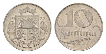 Латвия 10 сантимов 1922 год-тип KM 4 никель 4658-1218