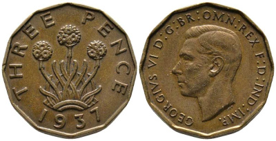 Великобритания 3 пенса 1937 Георг VI (1936-1952) KM 849, Spink 4112 никель латунь XF 1518-941