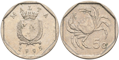 Мальта 5 центов 1993 краб KM 95 медно-никель 4588-132