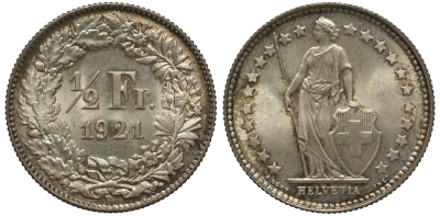 Швейцария 1/2 франка 1921 KM 23 серебро UNC 1525-931