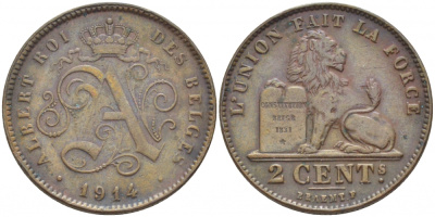 БЕЛЬГИЯ 2 САНТИМА 1914 BELGES KM 64 медь 4448-645