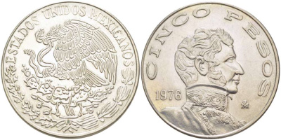 МЕКСИКА 5 ПЕСО 1976 ВИСЕНТЕ ГЕРРЕРО, LARGE DATE KM 472 медно-никель 4521-222