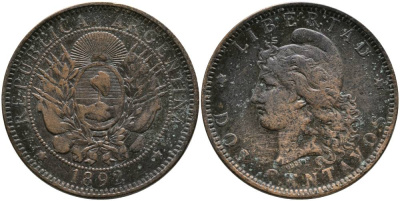 Аргентина 2 сентаво 1892 голова свободы влево KM 8 бронза 4531-1124