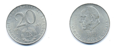 ГДР 20 марок 1973 А, Отто Гротеволь (1894-1964) KM 47 медно-никель 3333-431