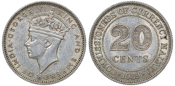 Британская Малайя 20 центов 1939 Георг VI (1937-1952) KM 5 серебро 53-327