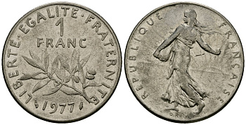 Франция 1 франк 1977 сеятель KM 925.1, Le Franc 226.4 никель 4138-315