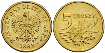ПОЛЬША 5 ГРОШЕЙ 1993 MW KM 278 латунь UNC 4516-1155