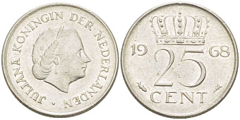 НИДЕРЛАНДЫ 25 ЦЕНТОВ 1968 ЮЛИАНА (1948-1980) KM 183 никель 214-953