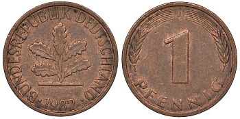 ФРГ 1 пфенниг 1982 J KM 105 сталь плакированная медью 4124-569