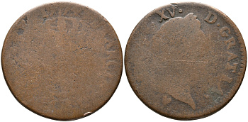 ФРАНЦИЯ 1 СУ 1771 V, ЛЮДОВИК XV (1715-1774) KM 545 медь 32-241