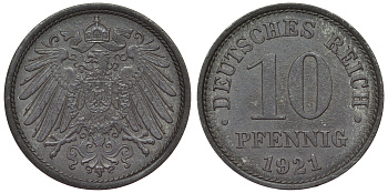Германия 10 пфеннигов 1921 KM 26, J. 299, Weege 8 цинк 4119-317