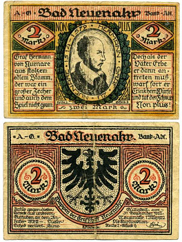 Германия, Бад-Нойенар 2 марки 1922 1 марта 1922 - 31 декабря 1922, нотгельд, REIHE 2, земля Рейнланд-Пфальц Grabowski 938.2a  бумага 7221-7-1-1