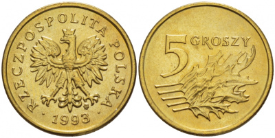 ПОЛЬША 5 ГРОШЕЙ 1993 MW KM 278 латунь UNC 4516-1155
