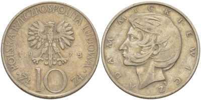 Польша 10 злотых 1975 MW, Адам Мицкевич (1798-1855) KM 74, Parchimowicz 242a медно-никель 4519-1042